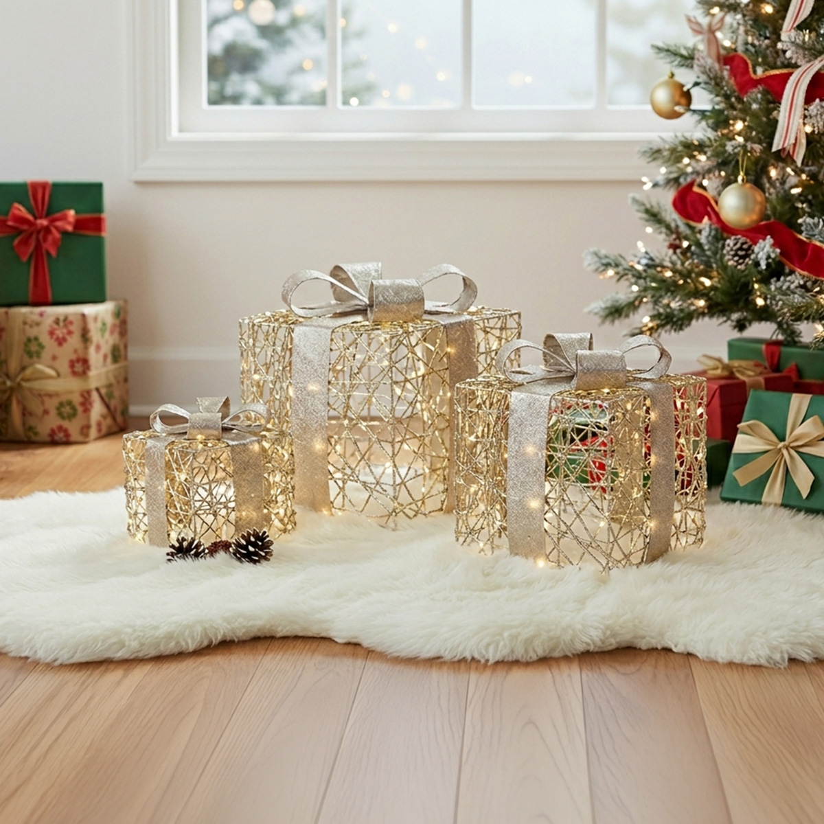 Cadeaux de Noël lumineux sur un tapis blanc moelleux