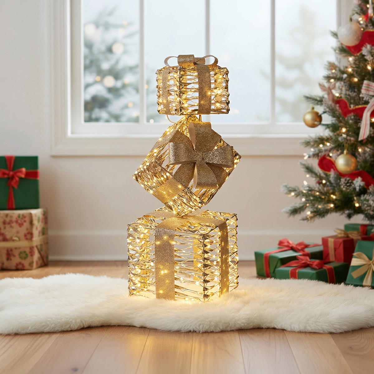 Boîte cadeau lumineuse empilée avec des lumières de Noël dorées