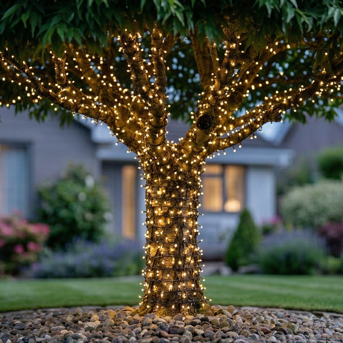 Arbre décoré de guirlandes lumineuses jaunes dans un jardin