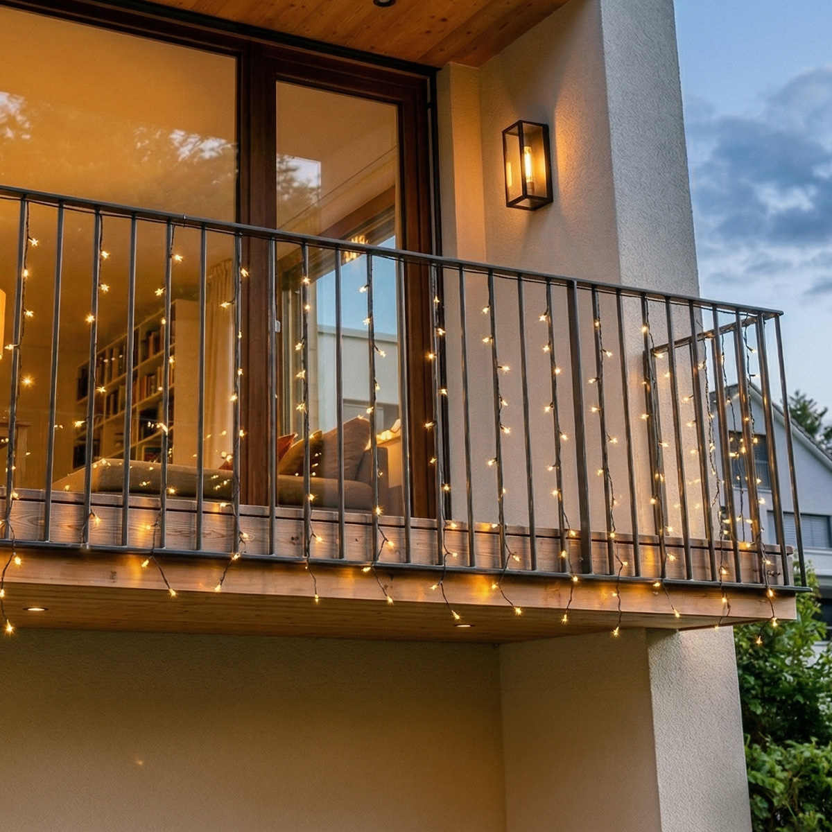 Balcon décoré de guirlandes lumineuses en forme d'étoiles