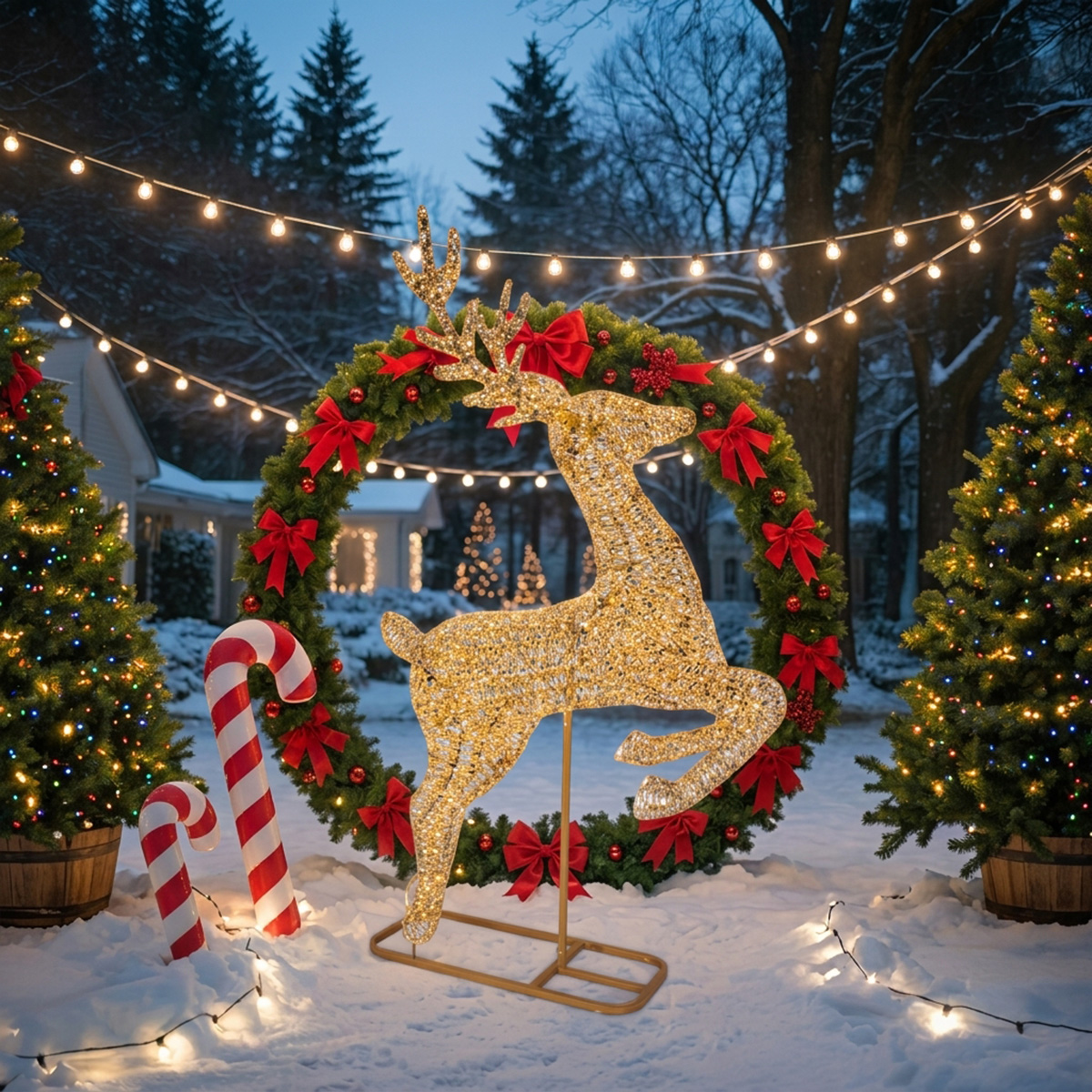 Cerf lumineux de Noël devant une porte en bois décorée