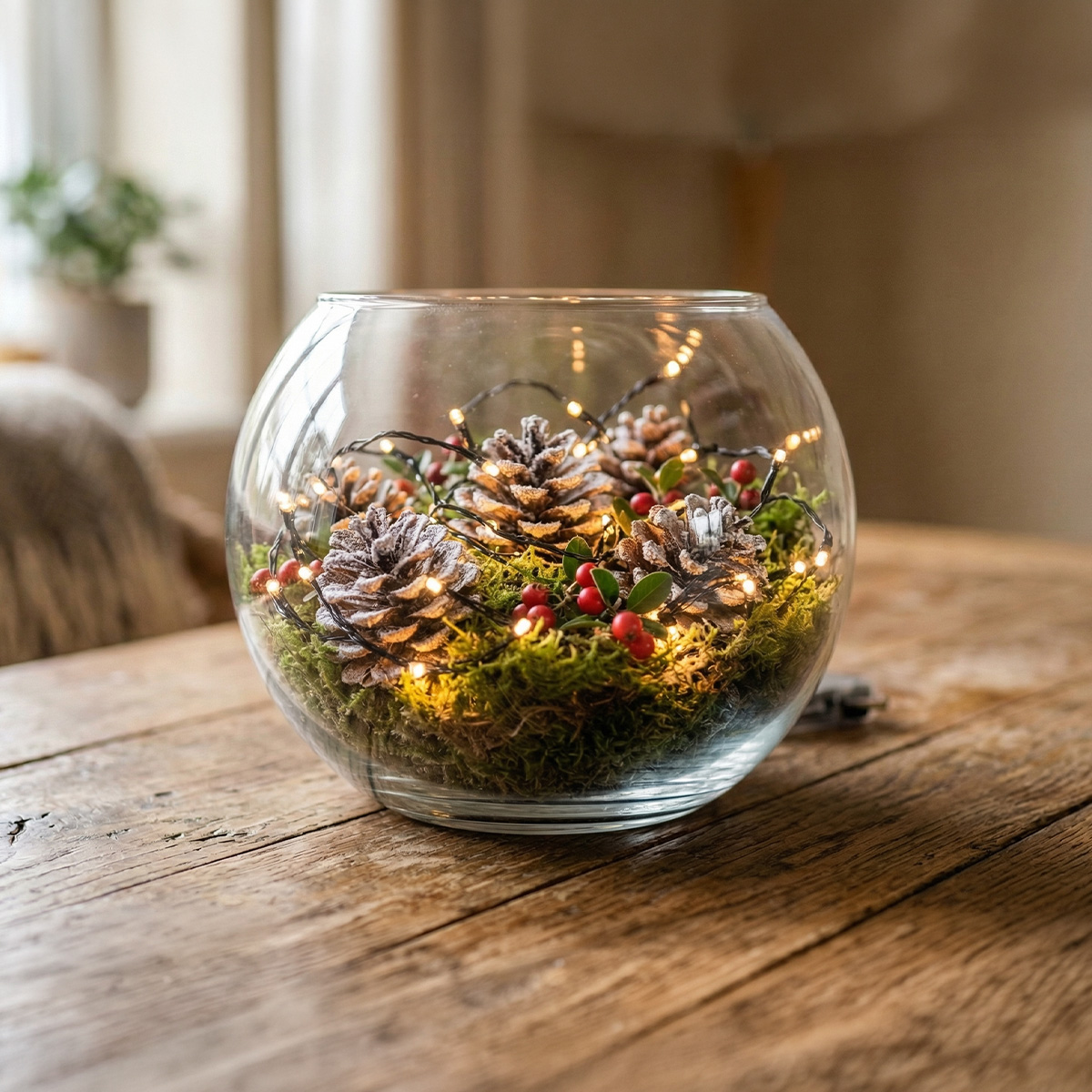 Décoration de Noël avec pommes de pin et guirlande lumineuse dans un bocal