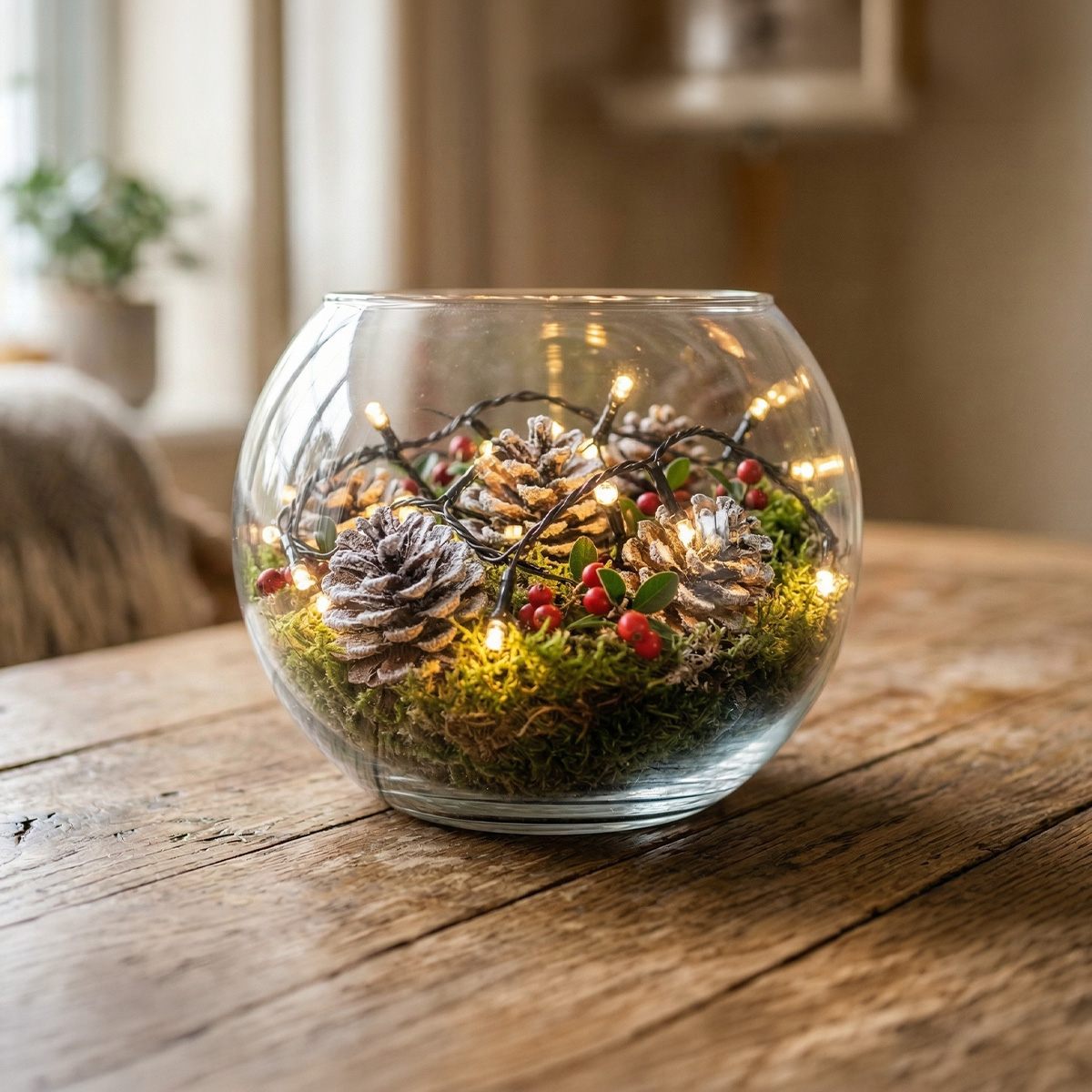 Décoration d'hiver avec pommes de pin, baies et guirlande lumineuse dans un bocal