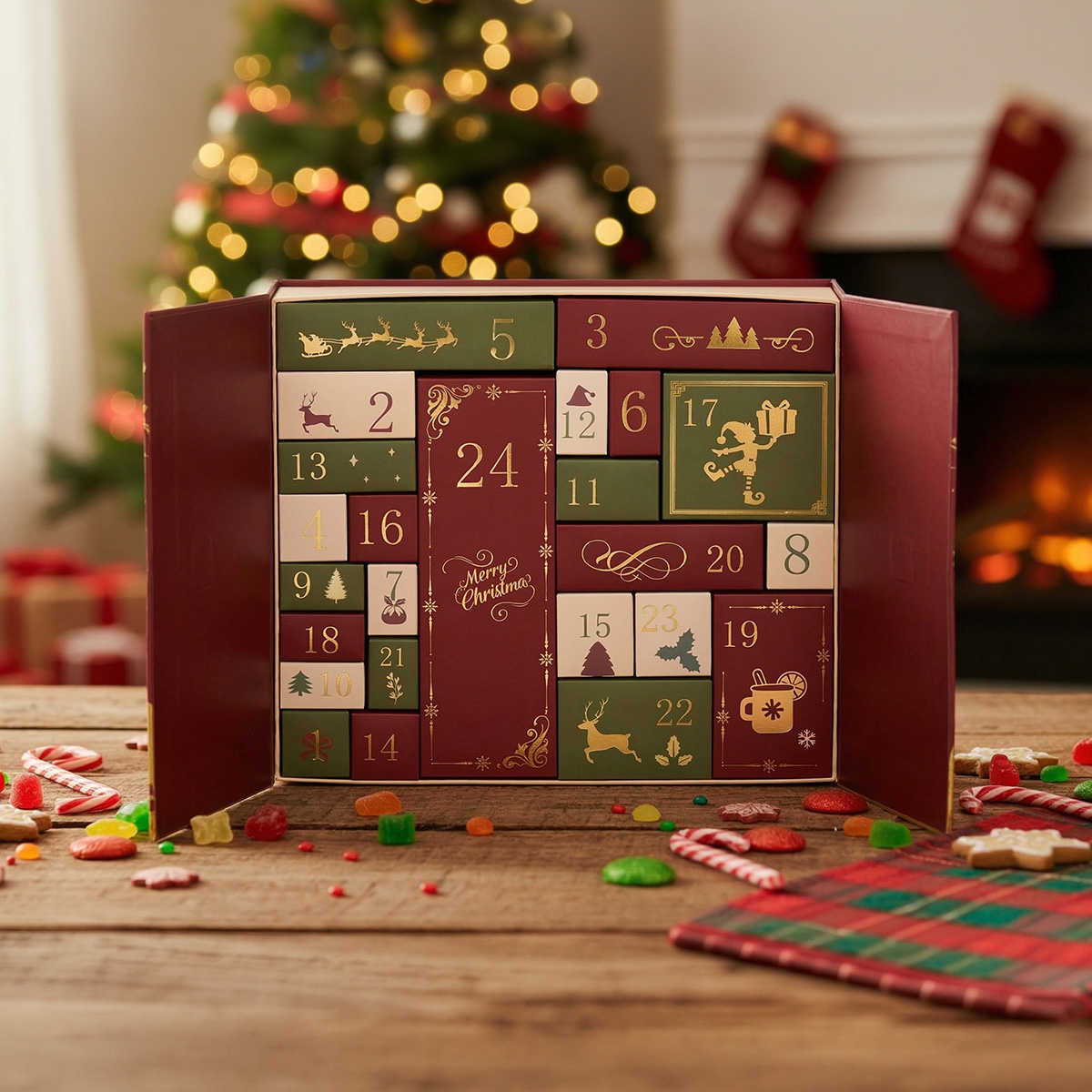 Calendrier de l'avent de Noël avec des portes numérotées et des décorations festives