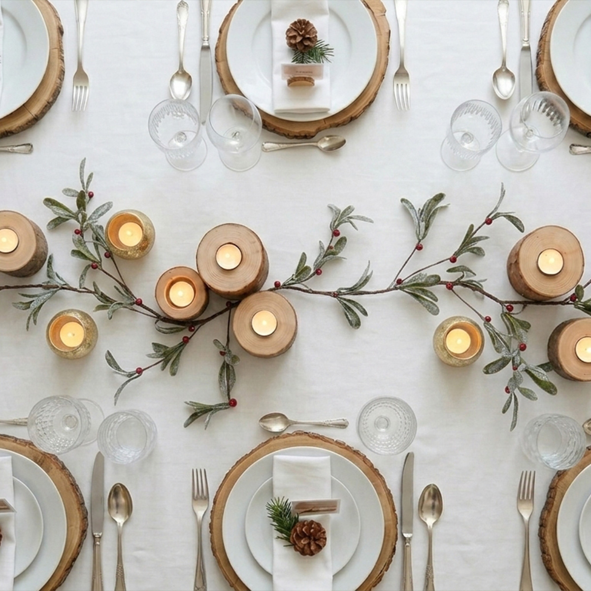 Table dressée pour Noël avec bougies en rondins et branches de houx