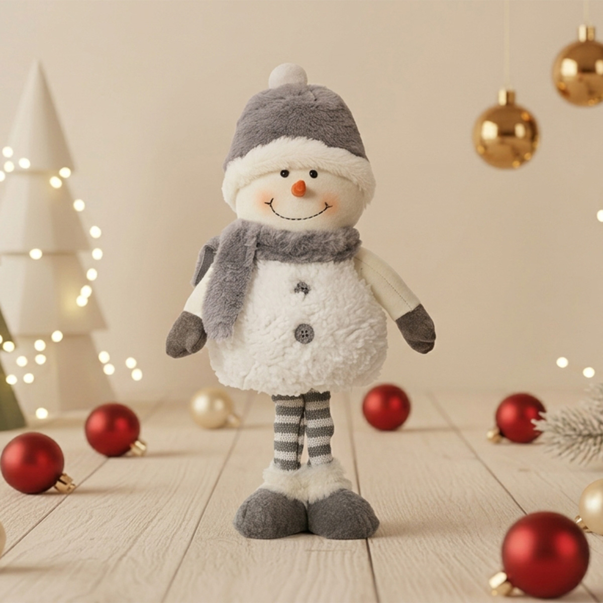 Bonhomme de neige en peluche avec un bonnet et une écharpe gris