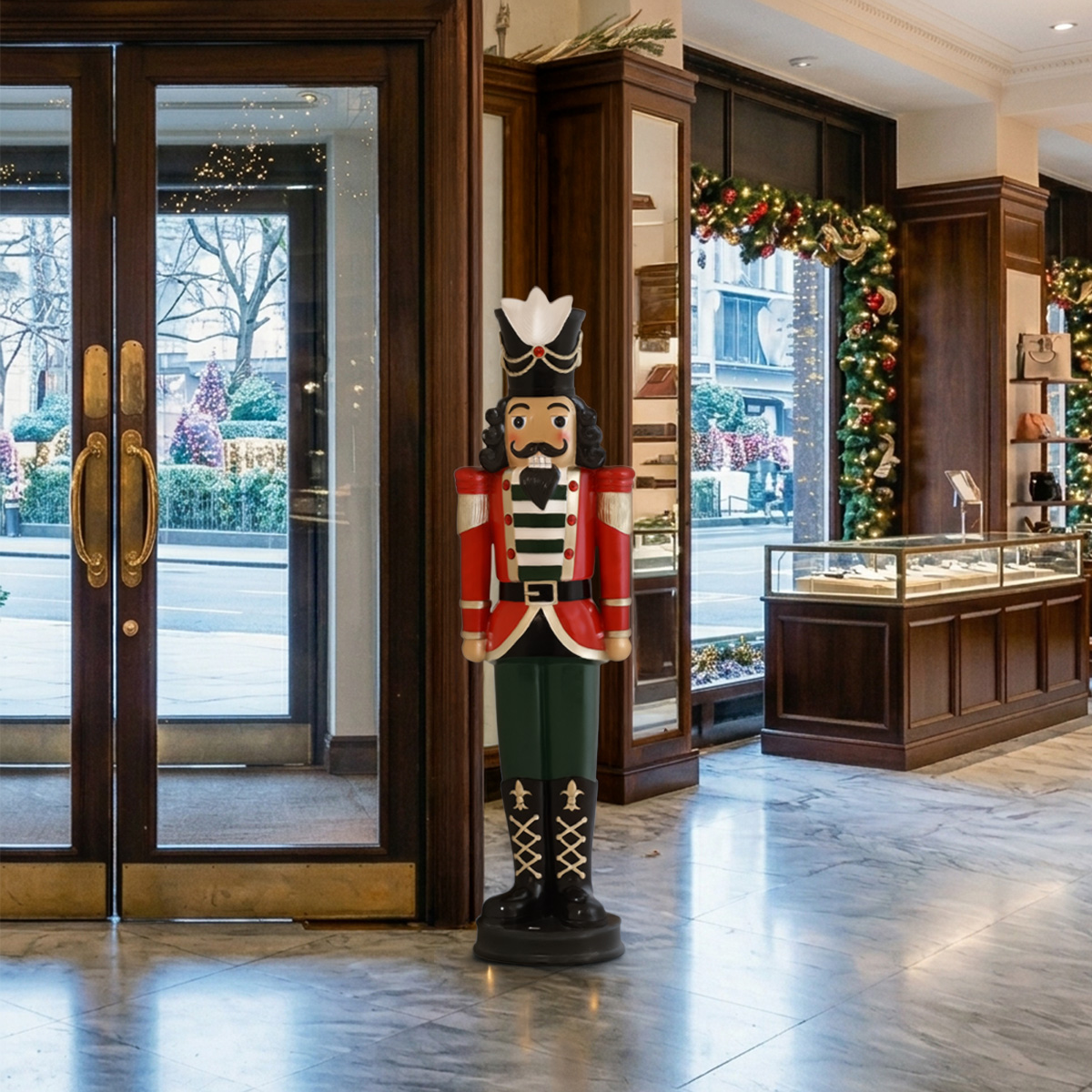 Soldat casse-noisette décoratif devant une entrée de magasin luxueuse