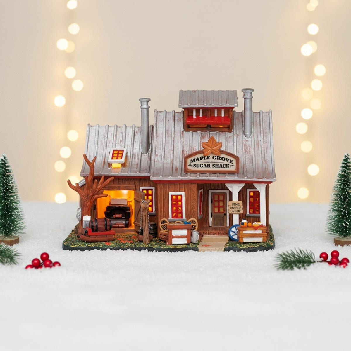 Maison de sucre d'érable de Maple Grove avec des lumières de Noël