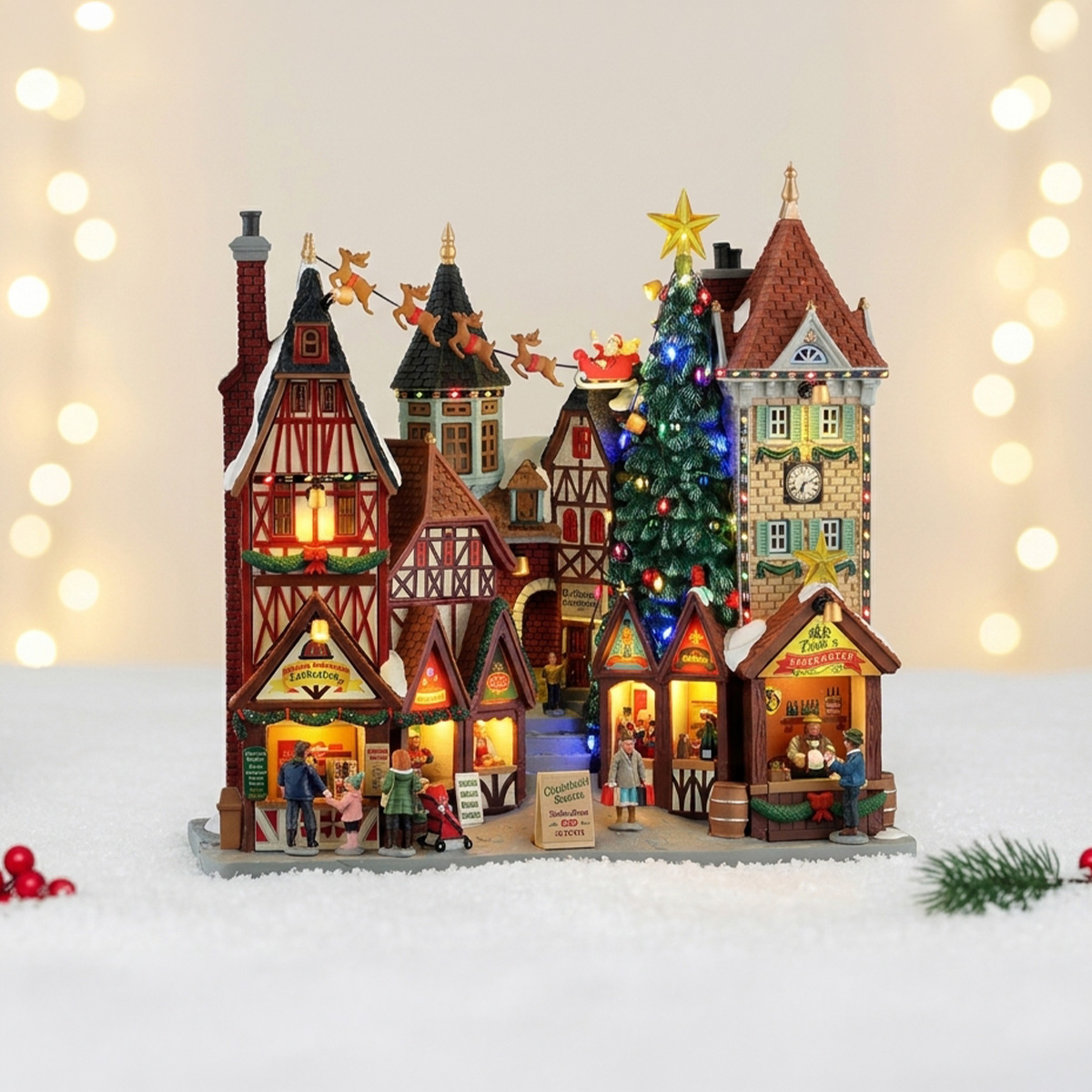 Village de Noël illuminé avec le père Noël et ses rennes dans le ciel