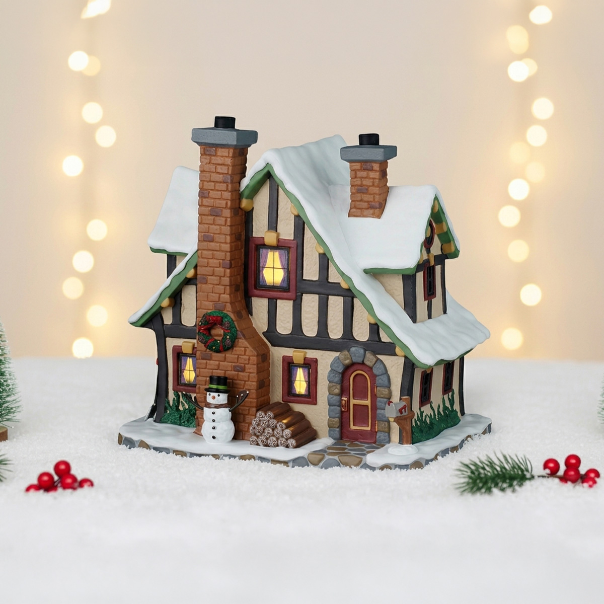 Maison de Noël enneigée avec bonhomme de neige et guirlandes lumineuses