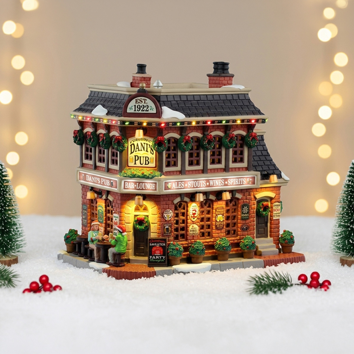 Maison de Noël Dani's Pub avec guirlandes et lumières scintillantes