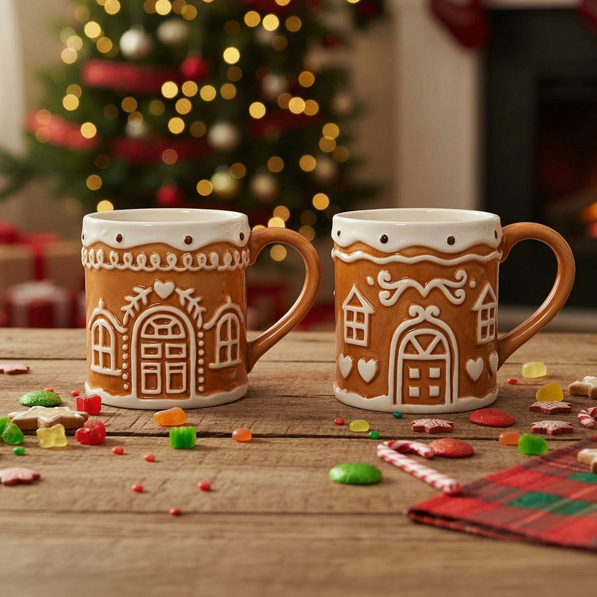 Tasses en pain d'épices devant un sapin de Noël décoré