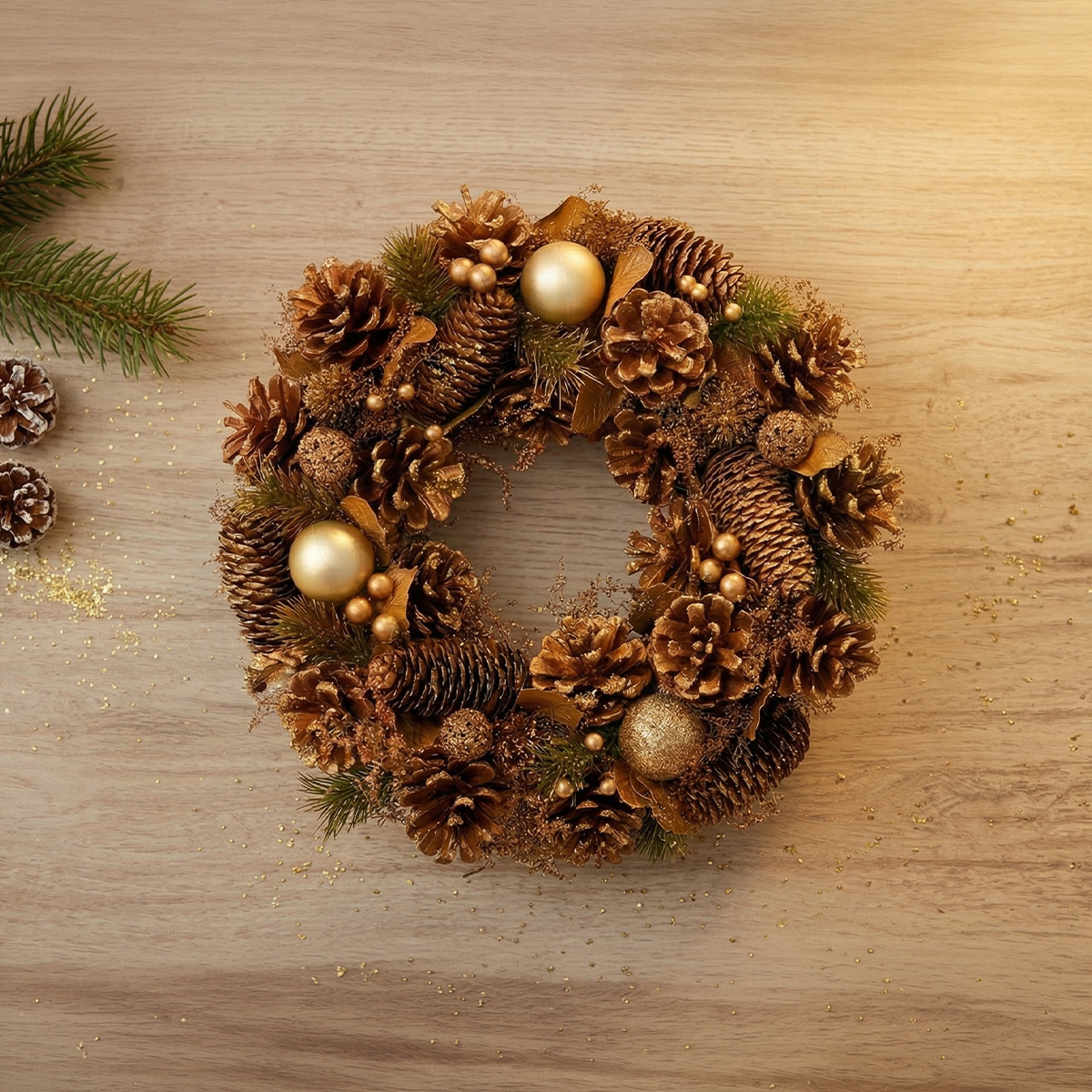 Couronne de Noël en pommes de pin dorées et boules brillantes