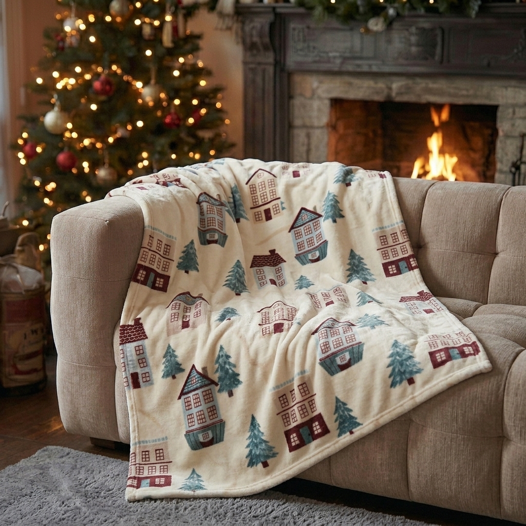 Plaid Simple Blanc avec Motifs Maisons et Sapins
