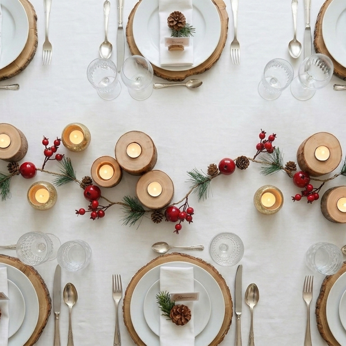 Table de fête décorée de bougies en bois et de baies rouges