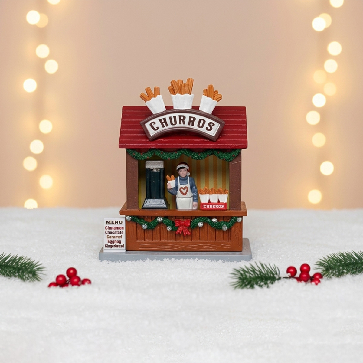 Figurine de kiosque à churros avec vendeur et menu