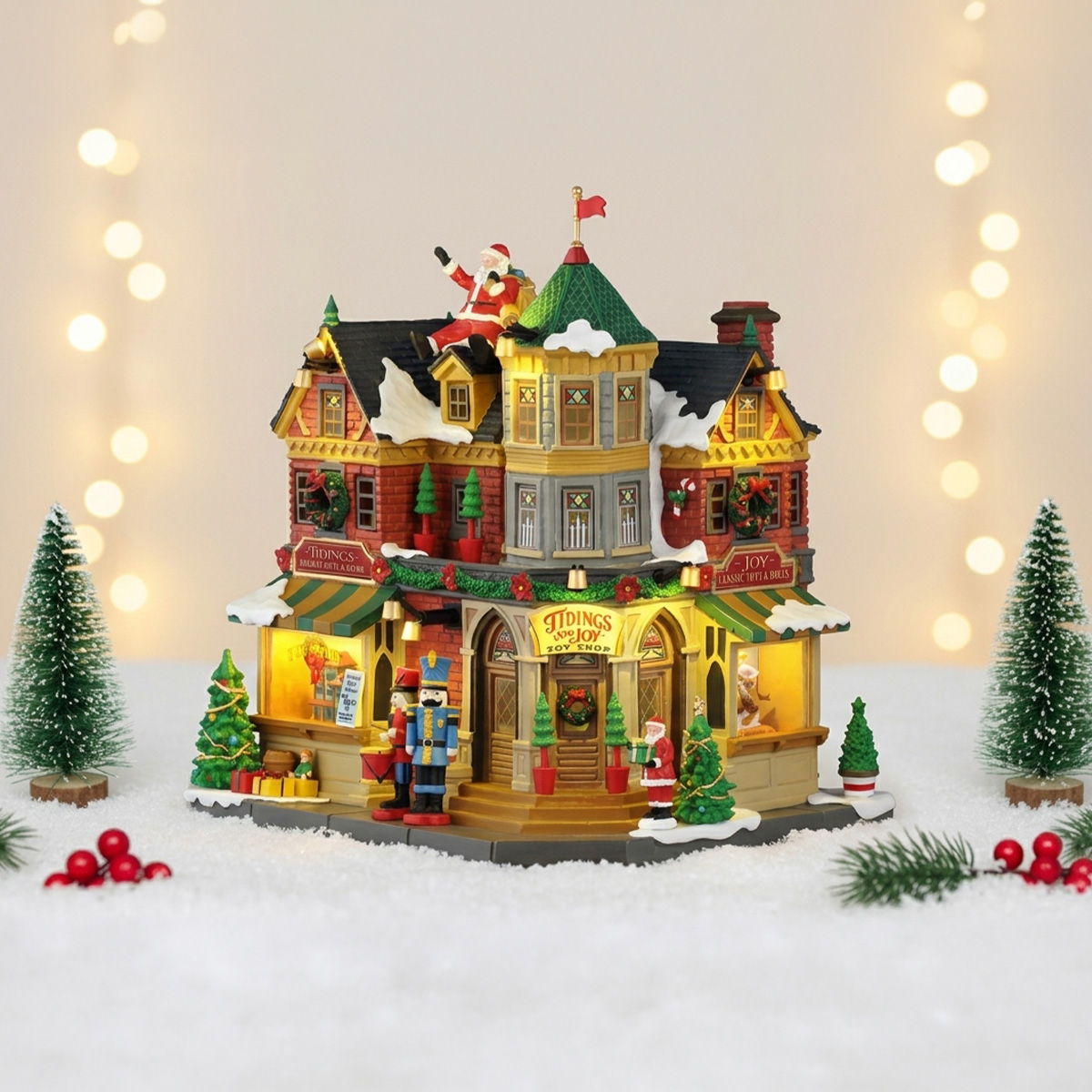 Maison de Noël miniature avec le Père Noël sur le toit et des jouets