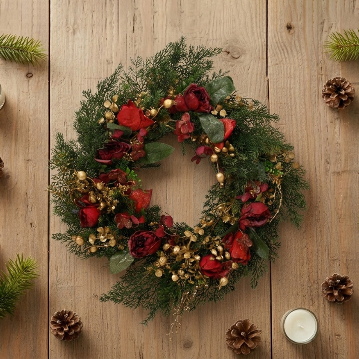 Couronne de Noël avec roses rouges, pommes de pin et boules dorées