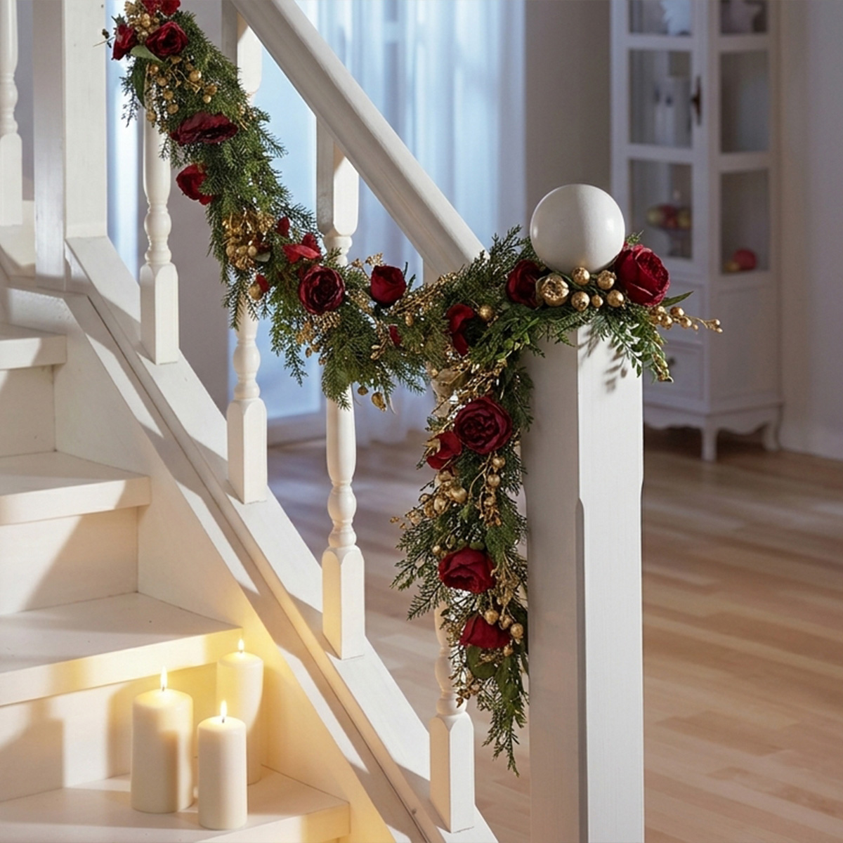 Guirlande de Noël avec roses rouges et boules dorées sur un escalier blanc