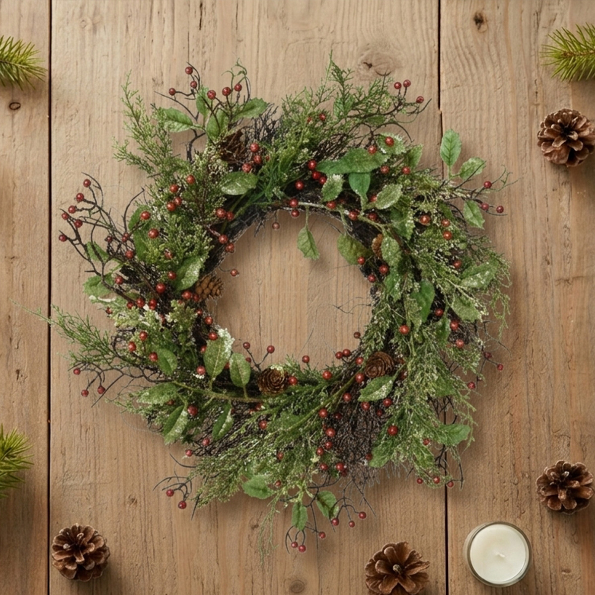 Couronne de Noël avec baies rouges et pommes de pin sur fond de bois