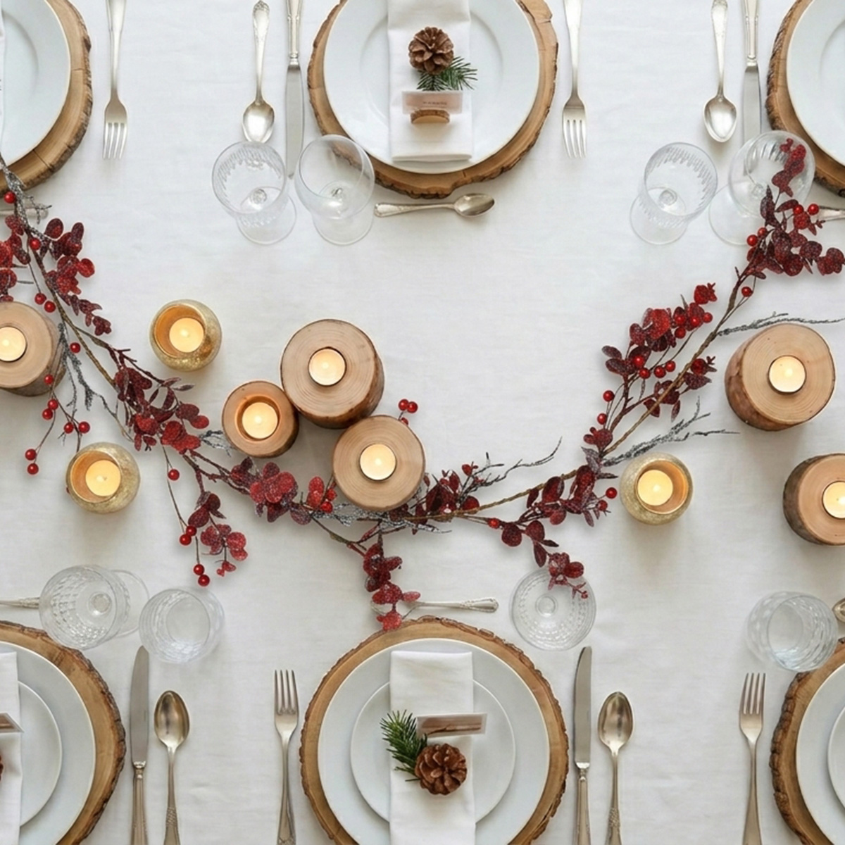 Table de fête avec bougies en bois et branches de houx