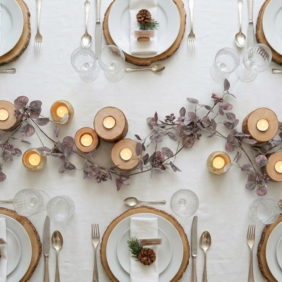 Table dressée pour un repas de fête avec des bougies en bois et des décorations naturelles