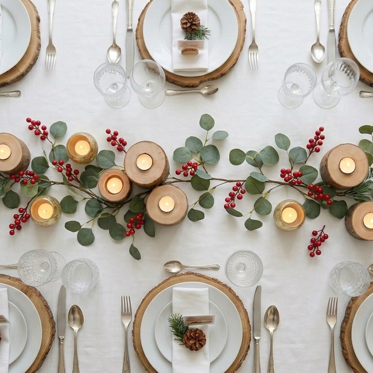Décoration de table de Noël avec rondins de bois, bougies et baies rouges