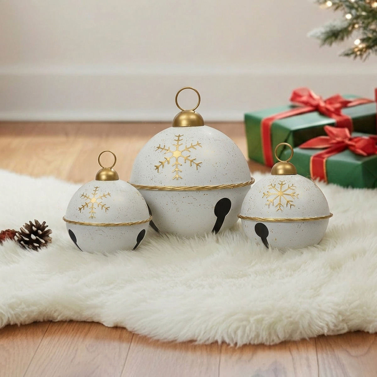 Trois cloches de Noël blanches avec flocons de neige dorés