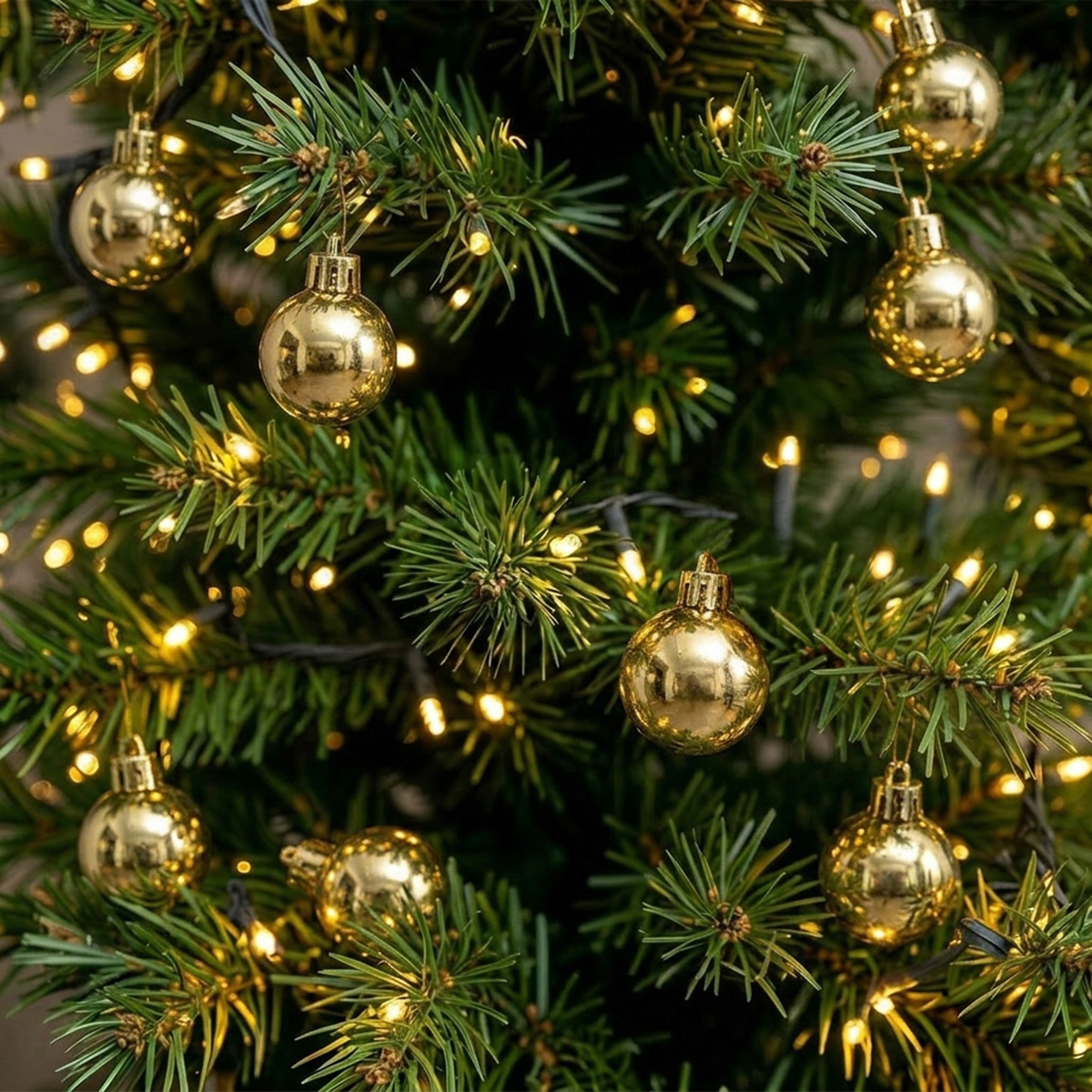Boules dorées sur un sapin de Noël avec des lumières scintillantes