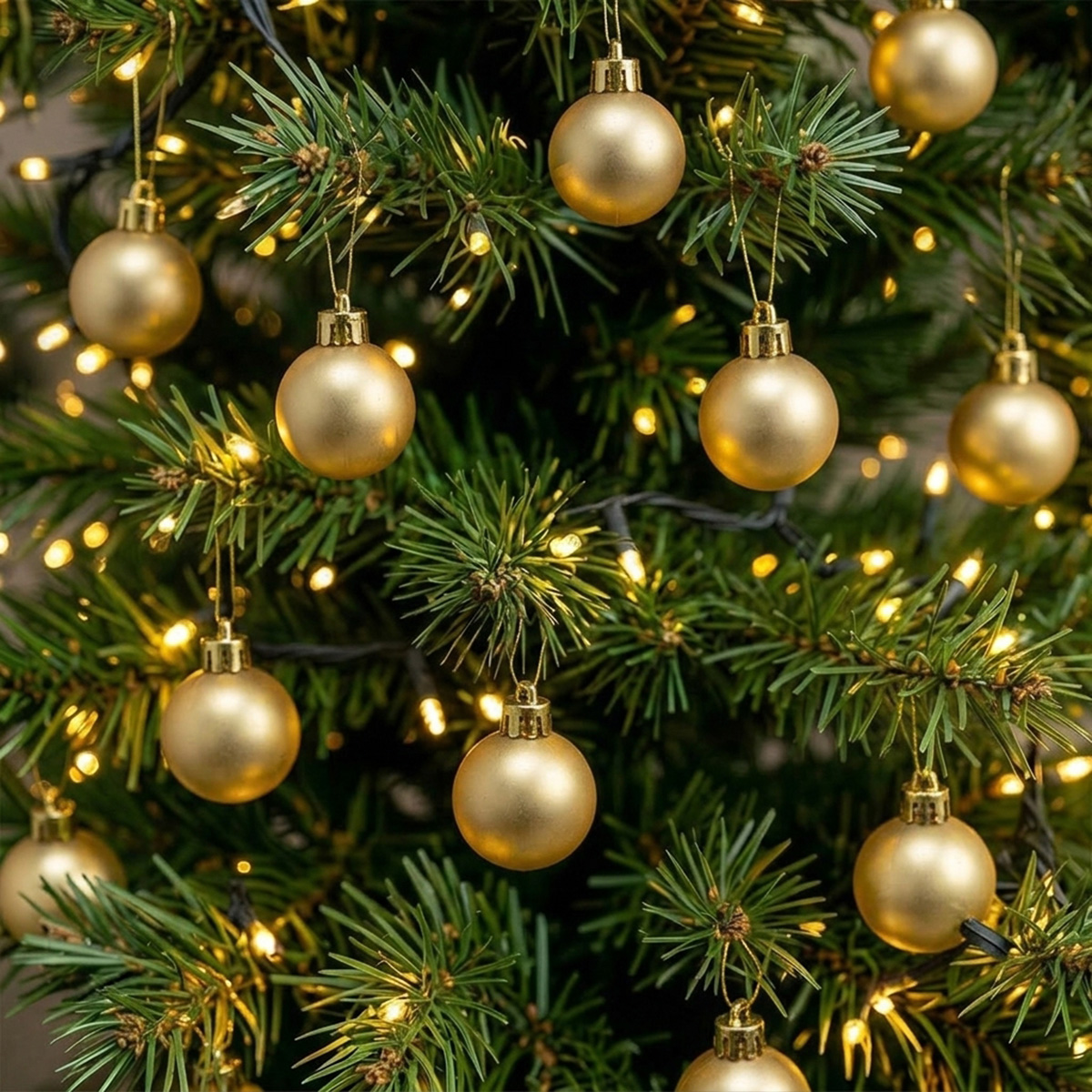 Boules de Noël dorées sur un sapin décoré de lumières