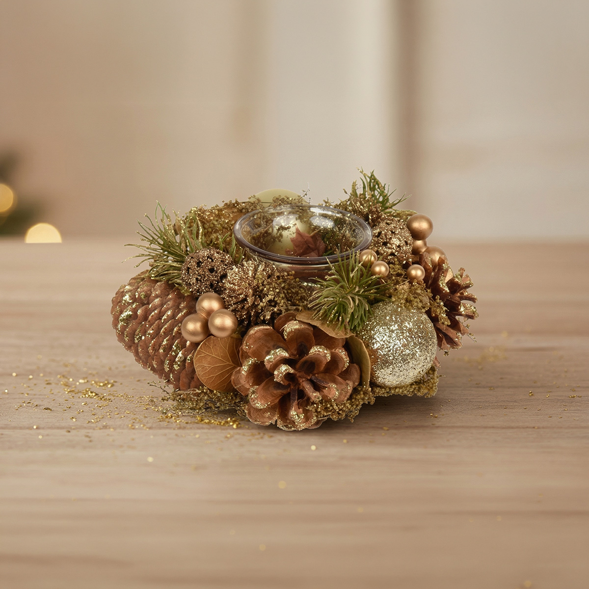 Bougeoir de Noël décoré de pommes de pin et de paillettes dorées