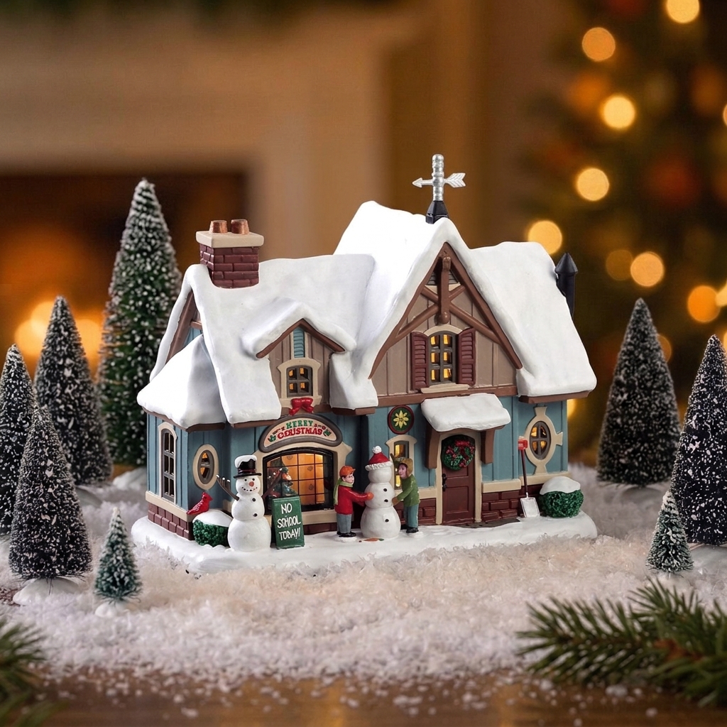 Joli Cottage Enneigé avec Enfants Illuminé