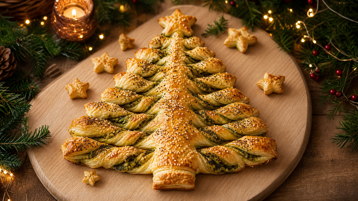 Feuilleté apéritif sapin de Noël au pesto et parmesan sur une table de fête