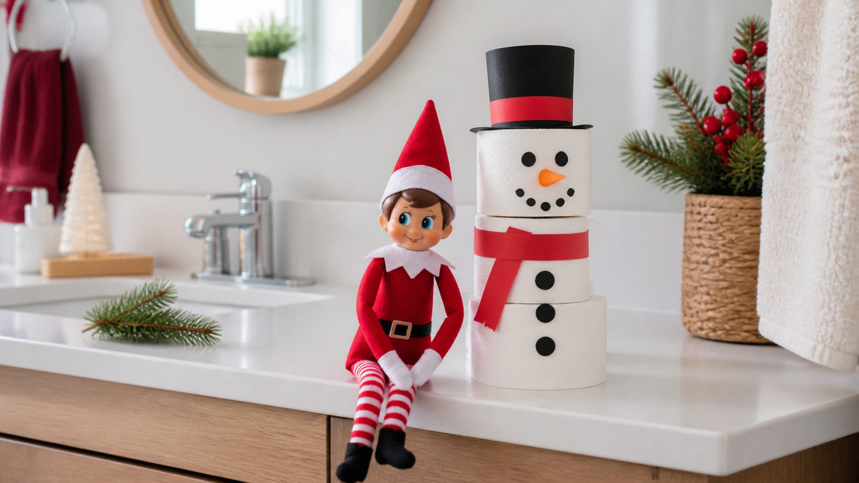Lutin farceur avec un bonhomme de neige en rouleaux de papier toilette