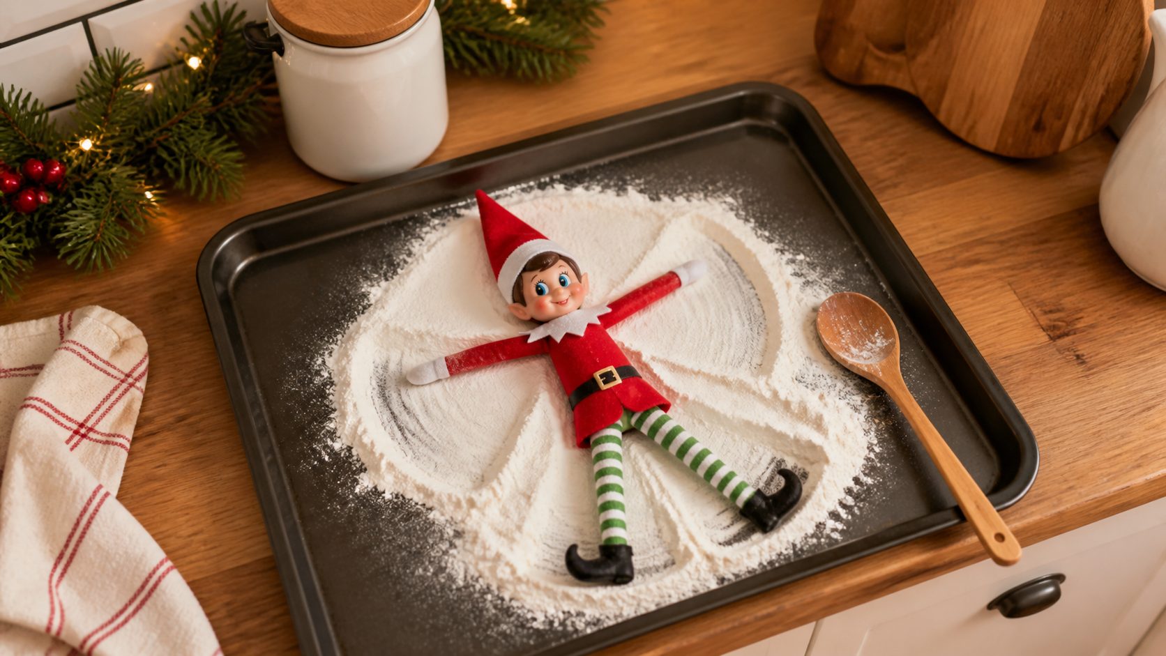 Lutin farceur dessinant un ange dans la farine sur une plaque