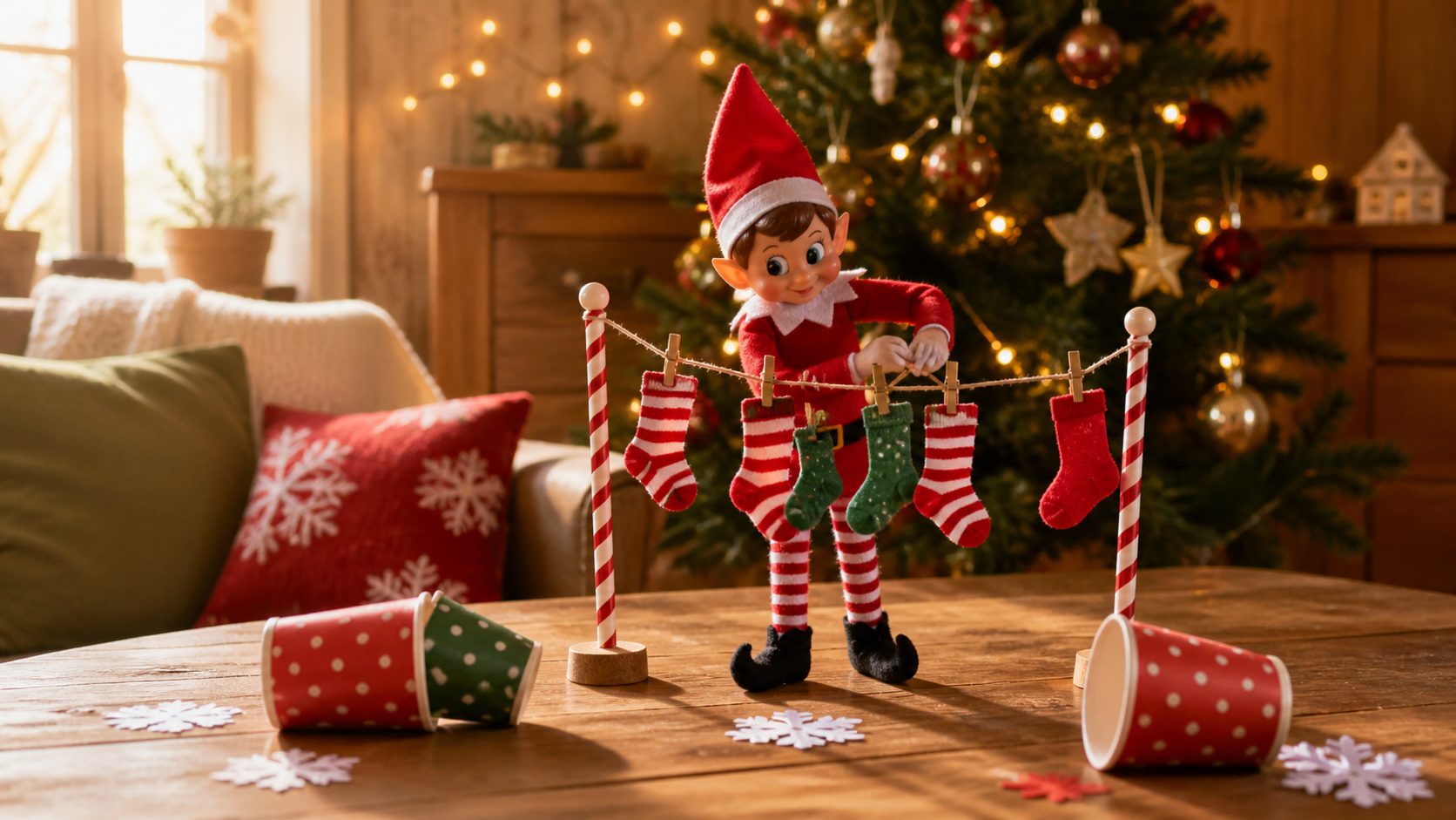 Lutin farceur préparant des bêtises faciles devant un sapin de Noël