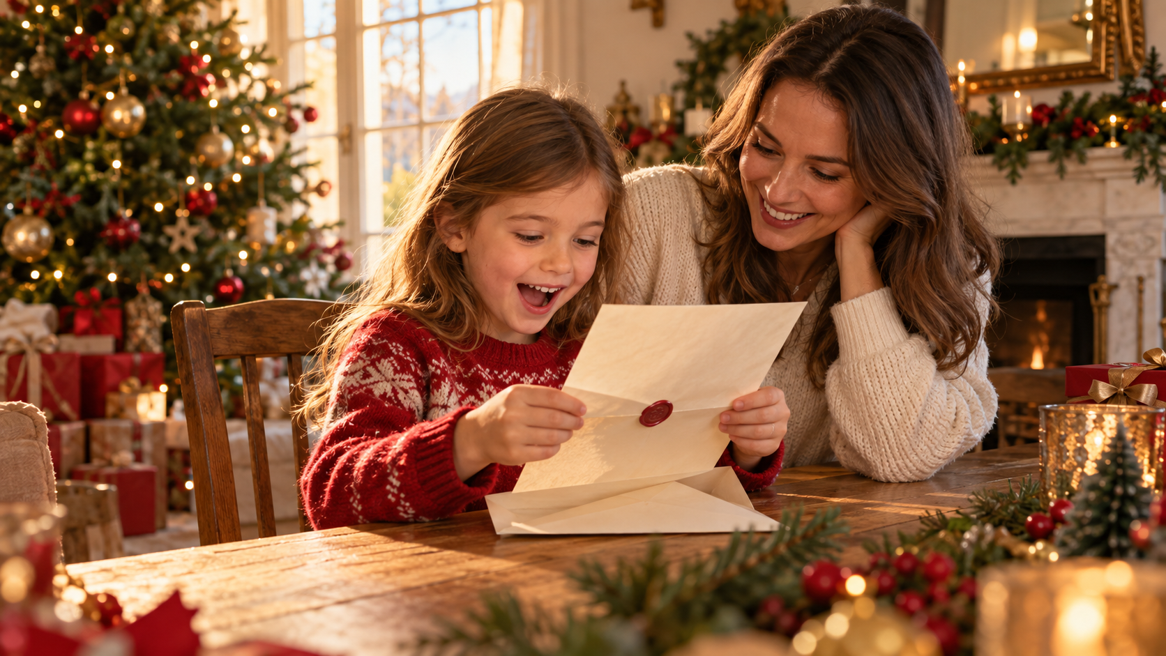 Une enfant découvre une lettre du Père Noël avec sa mère dans un salon décoré pour Noël.