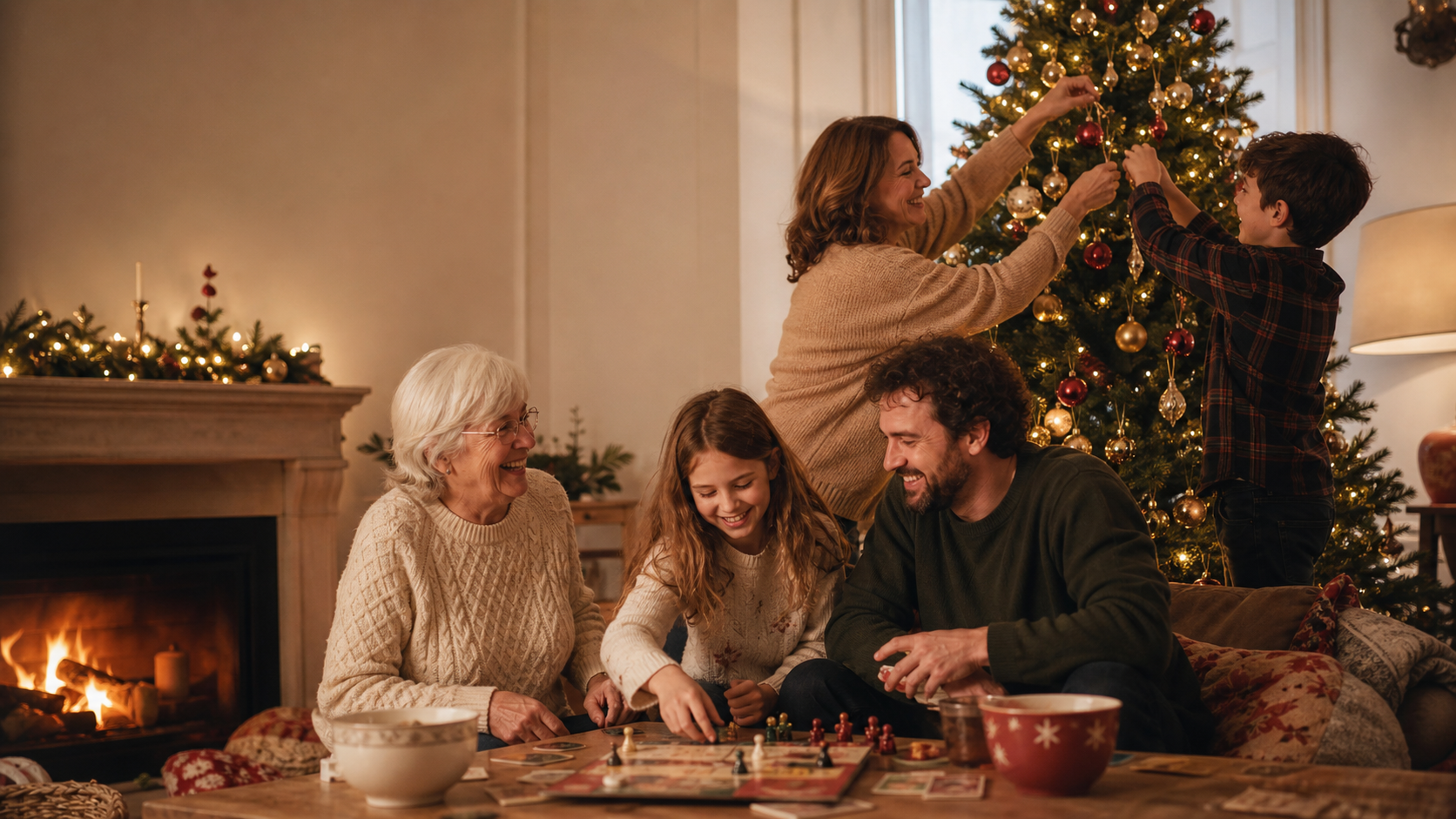 Famille réunie autour du sapin de Noël décoré