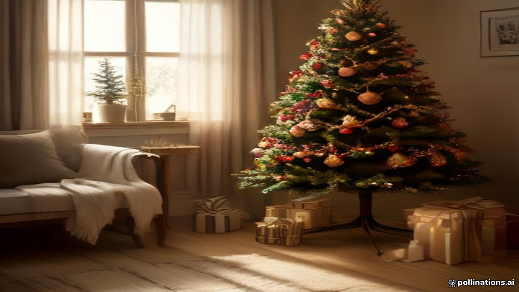 Sapin de Noël en bois à lattes décoré de boules rouges et dorées, guirlande lumineuse et étoile dans un salon chaleureux