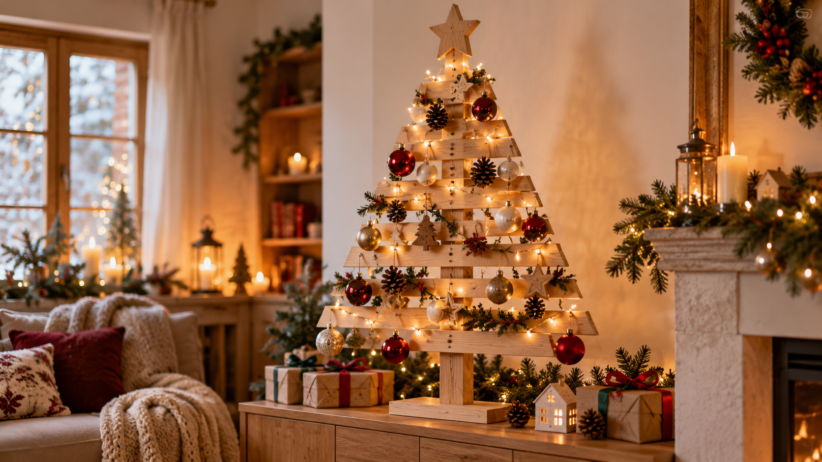 Sapin de Noël en bois à lattes décoré de boules rouges et dorées, guirlande lumineuse et étoile dans un salon chaleureux